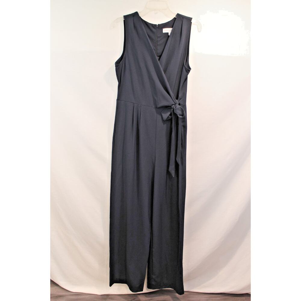 Emma & Michele Wide Leg Jumpsuit Womens size 8 Navy Blue Side Tie Pocket Zip Up